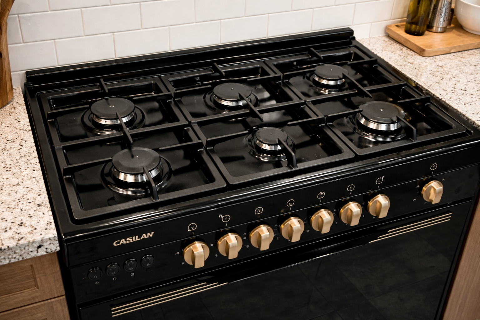 رسلان فرن غاز ٥ عيون ٦٠×٩٠ سطح جوانب اسود + مروحه مفاتيح ذهبي، 9905RM-N