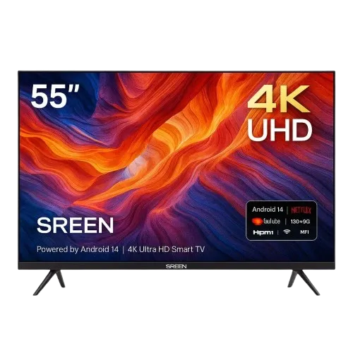 شاشة تلفزيون سرين 55 بوصة، نظام تشغيل اندوريد 14 سمارت فوركيه، 2 ريموت SRET-55S4K2